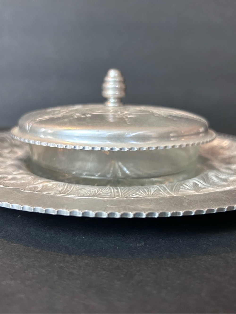 Vintage Aluminum And Glass Covered Condiment Dish